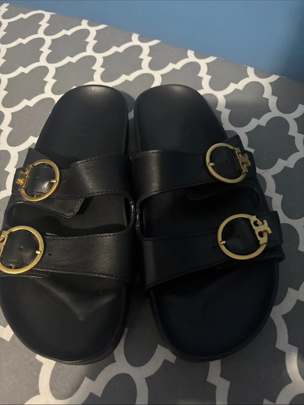 Tory Burch Black Leather Double-Buckle Slide Sandals with Gold Hardware